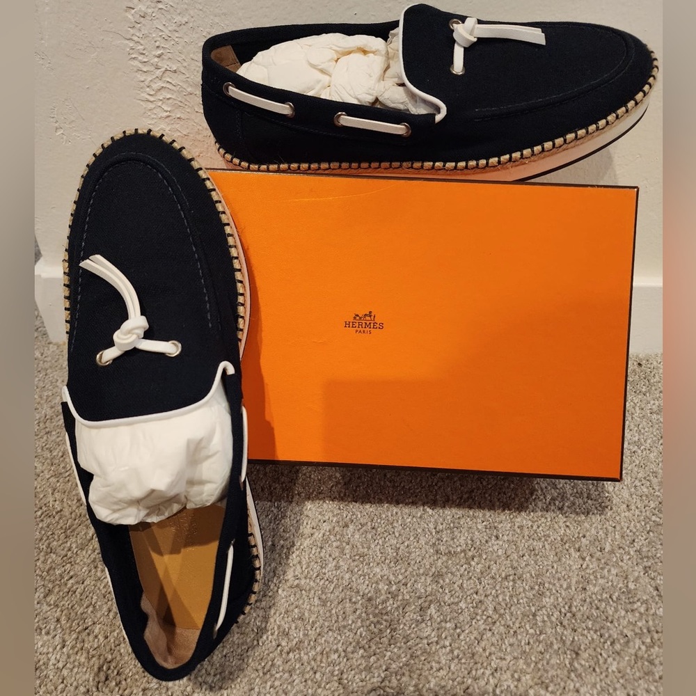 Hermes Boat Shoes, size 43 European (10 US), blue with white trim